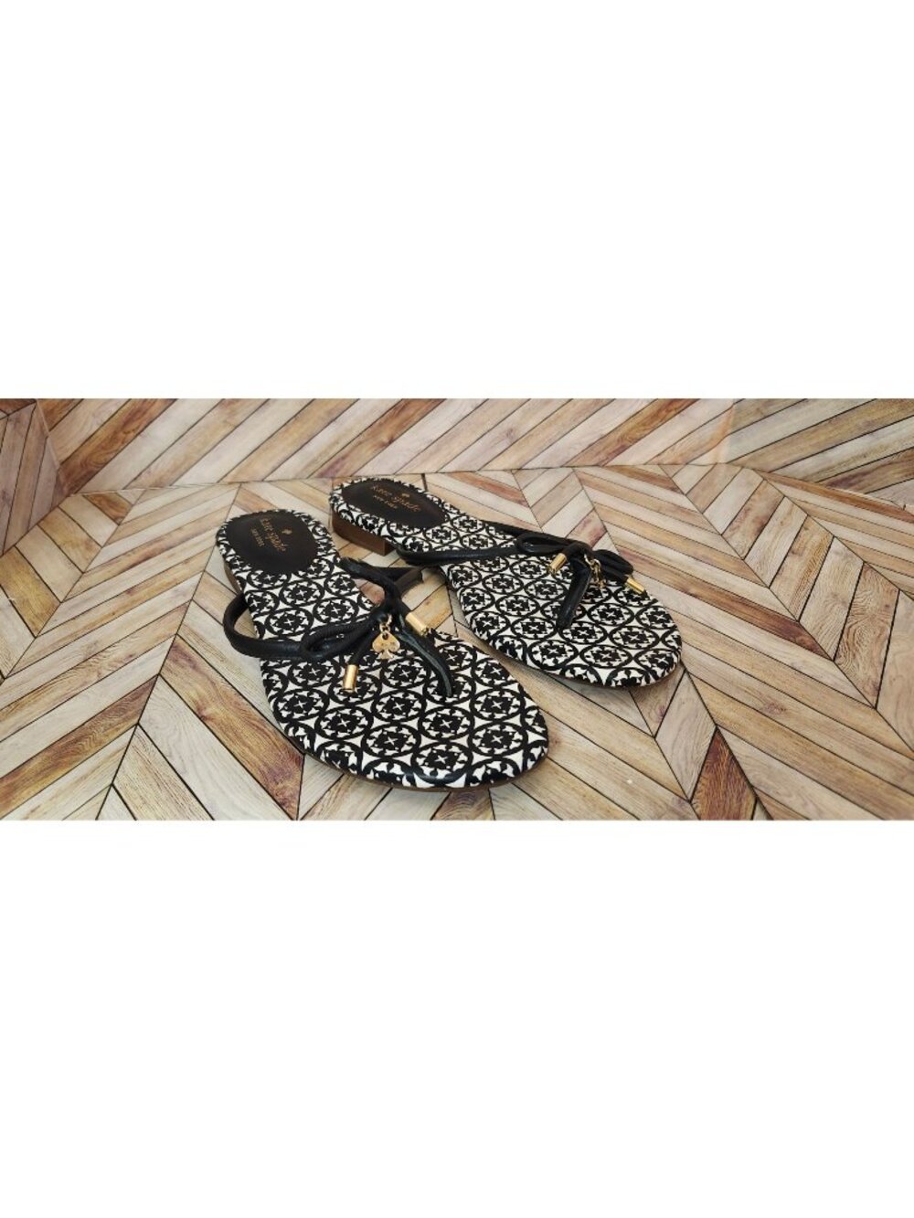 Women Black Kate Spade Leather Mystic Bow Thong Flip Flop Sandal Shoe Size 8.5 M